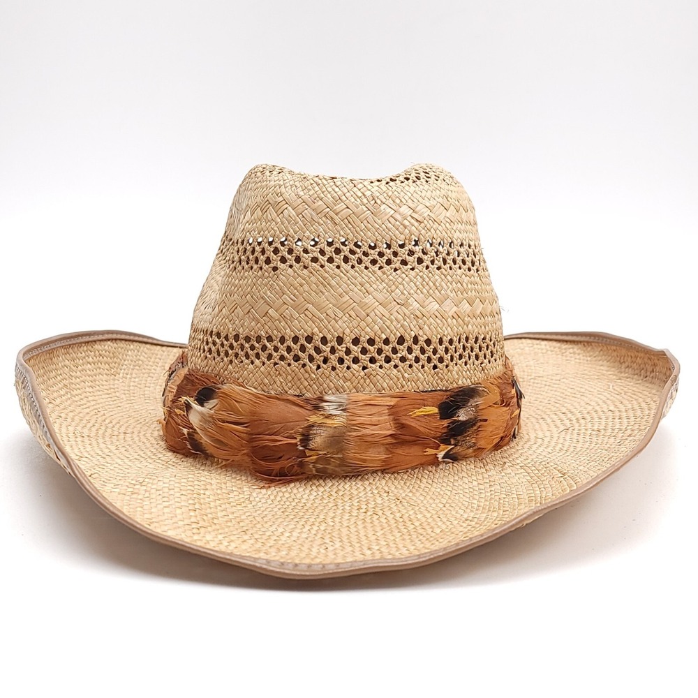 Woven Straw Western‎ Sun Hat Women's Small Feather Band Wire Rim Swiftie Outfit - Picture 8 of 8